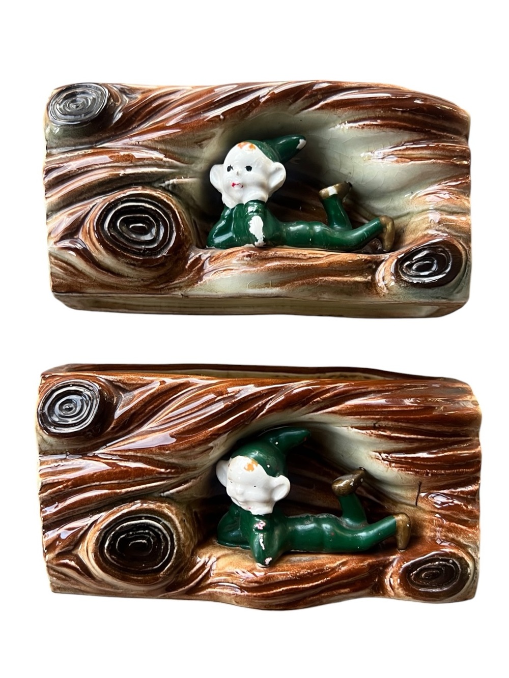 Vintage MCM Ceramic Elf Pixie Log Planters Pair Faux Bois Woodland Kitsch